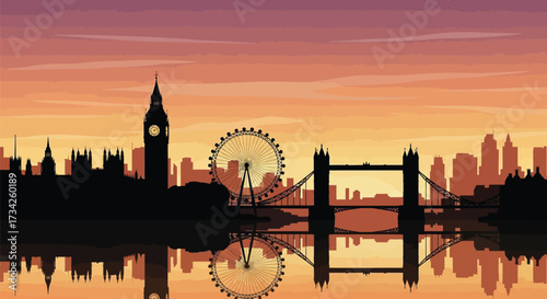 Striking London skyline silhouette at sunset with river reflection