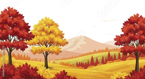 Vector Illustration of a Scenic Autumn Landscape with Colorful Fall Trees and Hills