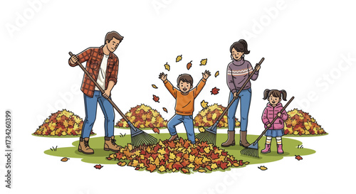 Happy Family Raking Autumn Leaves Cartoon Vector Illustration