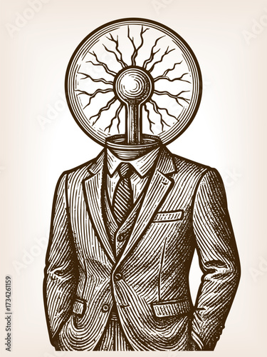 man in a suit with a plasma globe as a head, symbolizing electricity, energy, and creative power sketch engraving generative ai fictional character vector illustration. Scratch board. Black and white.