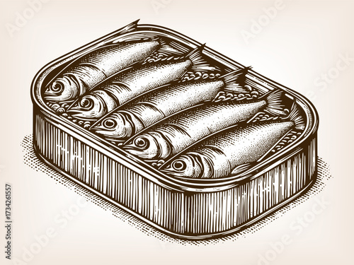 sardines packed neatly inside a metal tin, perfect for seafood, canned fish, or food packaging themes sketch engraving generative ai vector illustration. Scratch board imitation. Black and white image