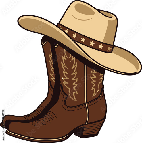 Cowboy Boots and Hat Illustration – Stylized Western Attire Featuring Brown Boots and Beige Hat with Star Band for Country Music, Rodeo, or Rustic Fashion Themes