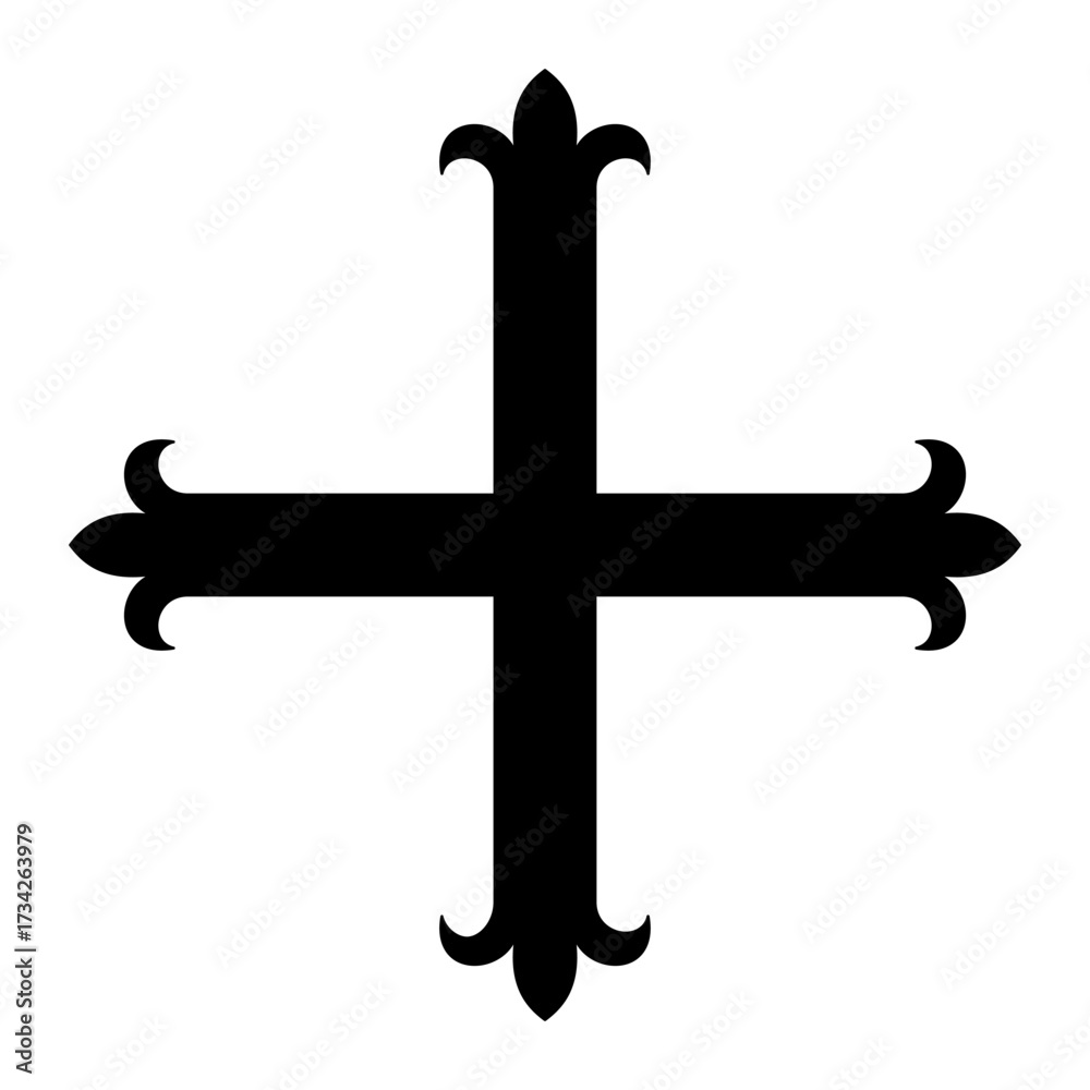 Cross fleury, or cross flory, symbol in heraldry. Cross adorned at the ends with a fleur-de-lis, a stylized iris flower. Synonyms or minor variants are fleuretty, fleuronny, floriated and flourished.