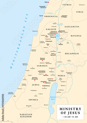 Ministry of Jesus, history map. Beginning with baptism of Jesus near River Jordan, ending in Jerusalem in Judea, following the Last Supper. Red dots marking places mentioned in the canonical Gospels.