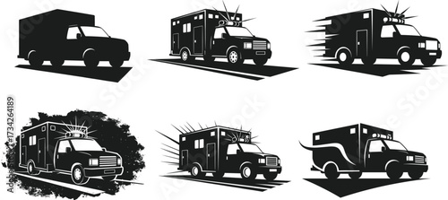 Ambulance, emergency vehicle, fast response, medical transport, siren, urgency, rescue, paramedic, healthcare, motion, speed, black and white, illustration, stylized, dramatic
