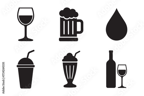 Collection of assorted beverage drinks and glasses isolated on white background