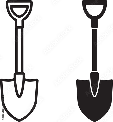 Two stylized shovel icons one outlined and one solid black for gardening and digging concepts