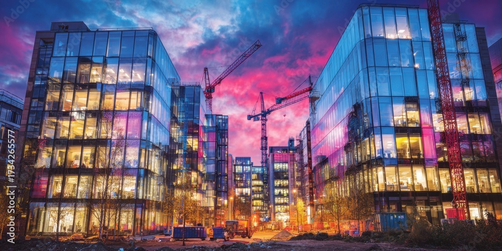 Fototapeta premium Modern glass office buildings and construction cranes reflecting dramatic sky at dusk
