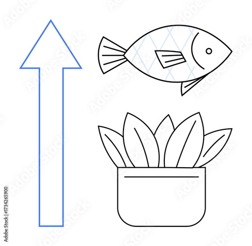 Fish symbolizing aquatic life, potted plant for greenery, upward arrow for growth and progress. Ideal for ecology, environment, aquaponics, growth, sustainability nature and innovation. Simple flat