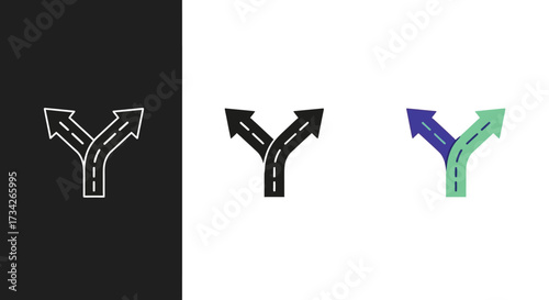 Minimalist Fork in the Road Vector Icon Set with Diverging Arrow Symbols