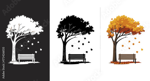 Autumn Scene Vector Illustration Set with Park Bench and Falling Leaves in Color and Silhouette Versions