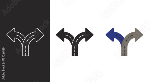 Minimalist Forked Road Vector Icon Set with Directional Arrows for Choice and Strategy