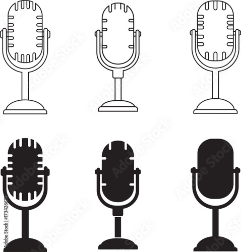 Collection of vintage and modern microphone illustrations in black and white outline and silhouette styles