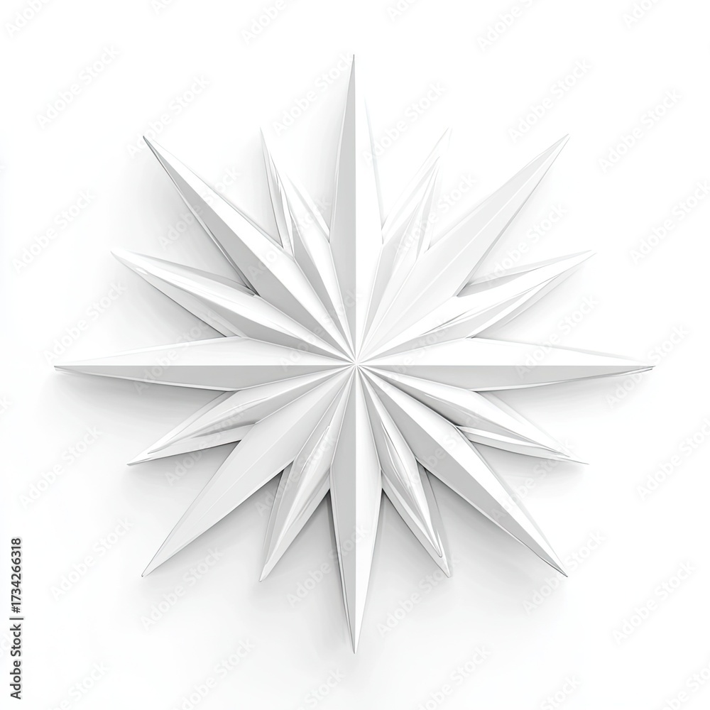 Obraz premium Abstract, geometric starburst design in matte white. A central point radiates outward with numerous sharp, pointed segments. Clean, minimalist, and three-dimensional