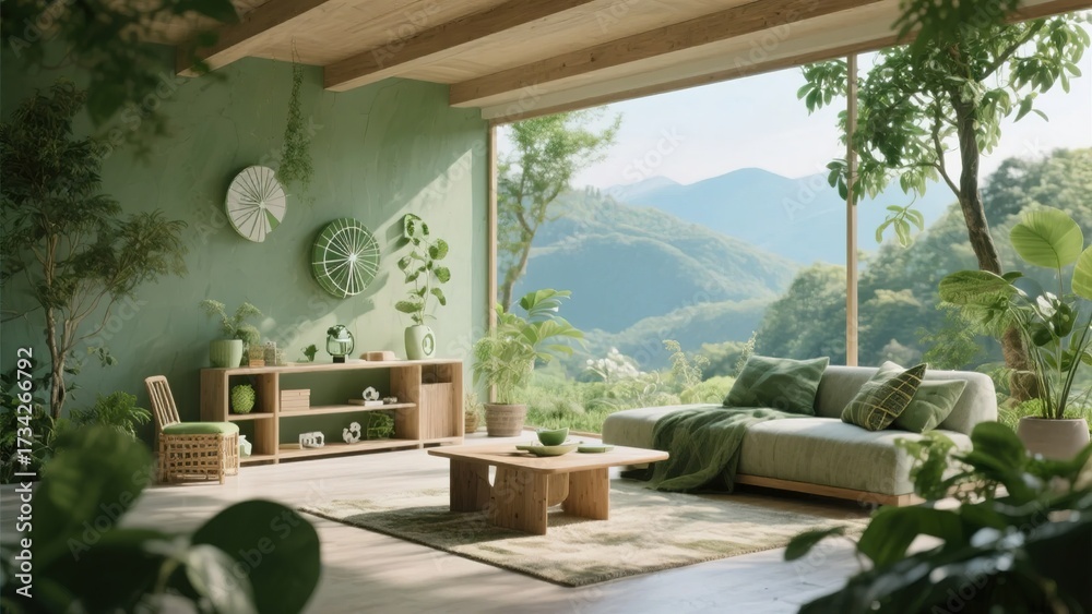 Obraz premium Modern living room with large windows overlooking mountainous landscape, featuring green walls, wooden furniture, and indoor plants