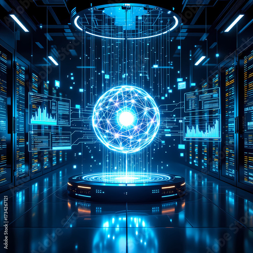 Central AI Core with Holographic Neural Network – Futuristic Artificial Intelligence Visualization for Tech and Innovation