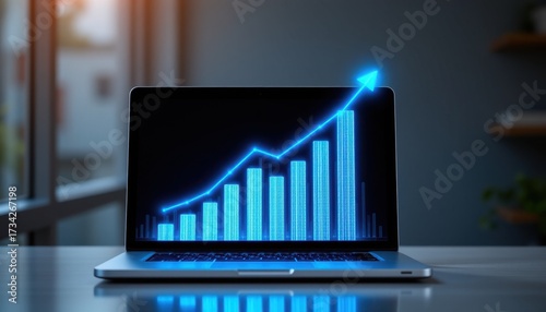 Fototapeta Naklejka Na Ścianę i Meble -  a silver laptop with glowing futuristic blue financial bar charts rising high representation of exponential business growth innovation in technology driven corporate environment