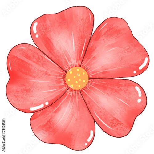 Red flowers. Simple abstract flowers. Bright flower heads. Cartoon flower drawings. Card decoration elements.