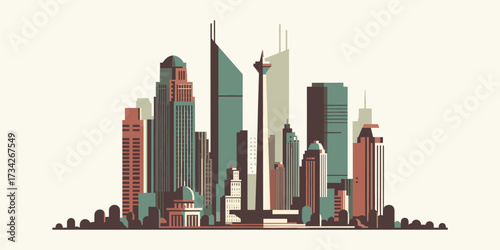 Modern flat design illustration showcasing Jakarta a vibrant urban city skyline with diverse architectural structures, towering skyscrapers, and contemporary commercial buildings.