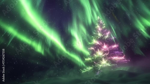 Particle Christmas tree glowing under a vibrant green and purple aurora borealis (AI Generated)