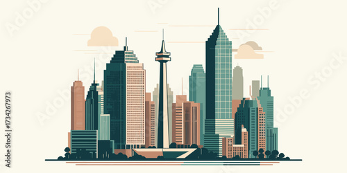 Flat design illustration of Jakarta, a modern cityscape featuring iconic skyscrapers and a prominent tower against a light background