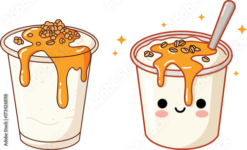 Cute yogurt cups with caramel topping and granola in flat style, transparent background  