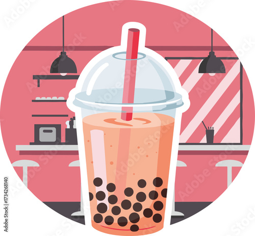 Boba tea drink in transparent cup with straw in modern cafe background  