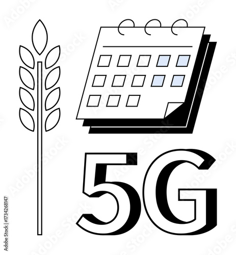 Stylized wheat stalk with grid calendar and bold 5G typography. Ideal for agriculture, technology, connectivity, planning, innovation, digital agriculture, sustainable growth. Simple flat metaphor