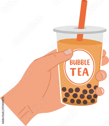 Hand holding bubble tea in flat style with transparent background  