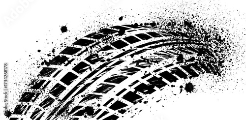 Tire track pattern with ink splatter grunge background. The car's wheel print. Vector illustration