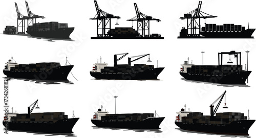 Cargo ship at port, container vessel, shipping industry, freight transport, maritime trade, seaport cranes, logistics infrastructure, export import, cargo 