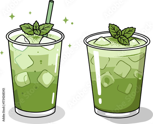 Two refreshing green drinks in flat style with mint garnish  