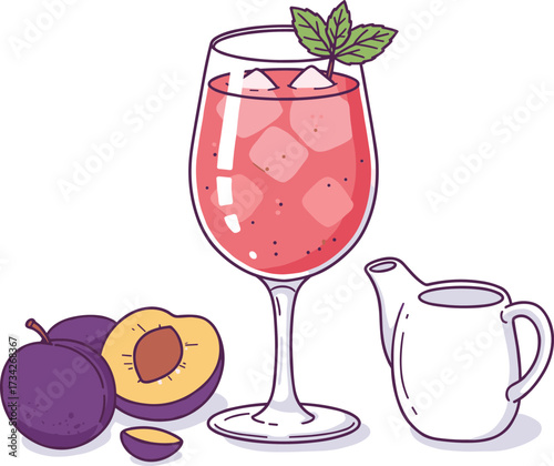 Refreshing fruit cocktail in glass with mint and plums on side  