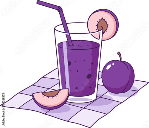 Purple smoothie with fruits on checkered cloth in flat style, transparent background  