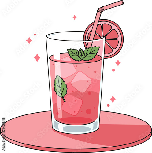 Pink lemonade drink with mint leaves and ice on a flat style background  