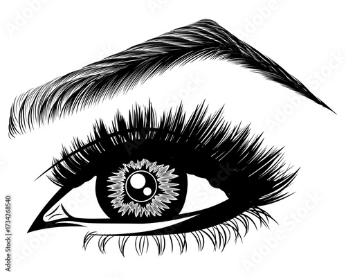 Illustration with woman's eye, eyelashes and eyebrow. Makeup Look. Tattoo design. Logo for brow bar or lash salon.