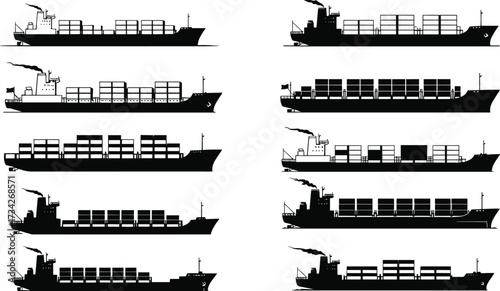 Cargo ship silhouette illustrations, black and white maritime graphics, container vessel icons, ocean transport, shipping design
