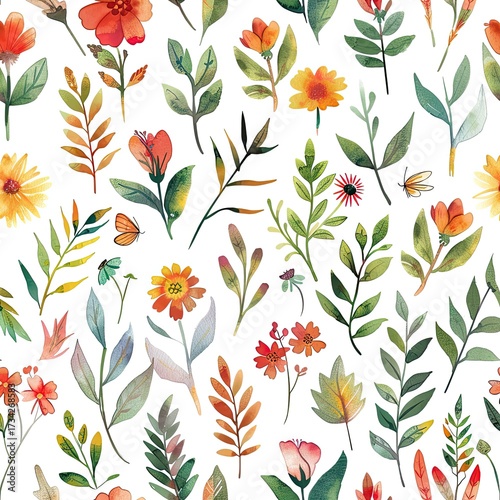 Floral pattern Orange flowers and green leaves on white background for decoration