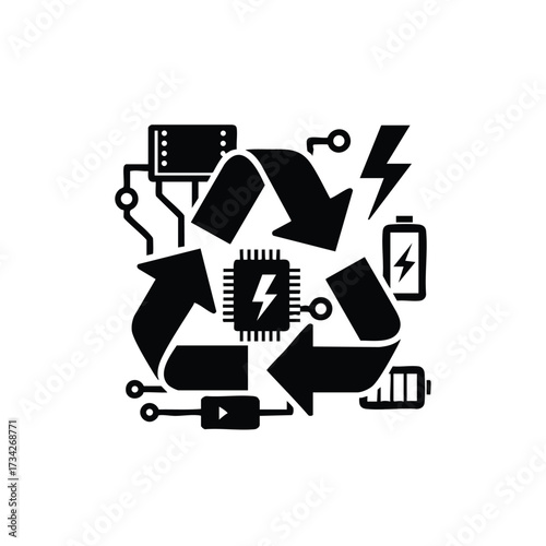 Recycling symbol composed of electronic device icons and circuit elements representing sustainable technology and electronic waste management