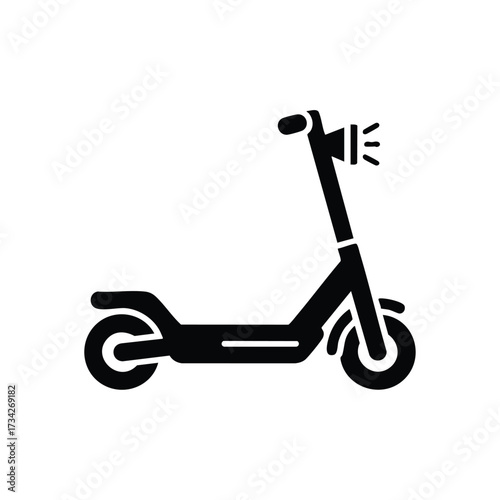 Minimalist silhouette of a kick scooter with a simple design, featuring a handlebar, deck, and wheels, on a plain