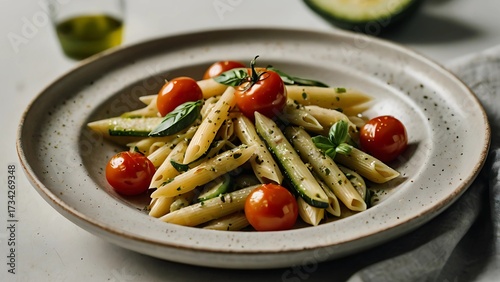 Italian pasta dish with vegetables, parmesan cheese and herbs