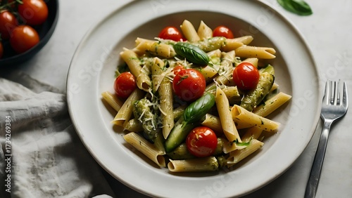 Pasta penne with cherry tomatoes, zucchini and fresh basil