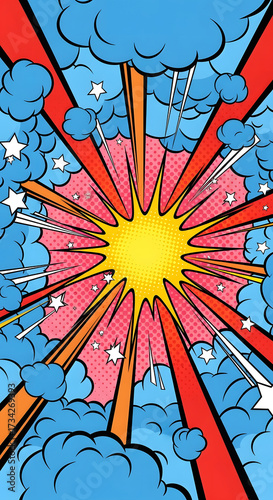 Comic book explosion with red rays and blue clouds.