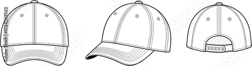 Baseball cap front, side, rear view, technical drawing, vector illustration, stitching detail, adjustable strap, CAD style, flat design, apparel mockup