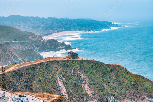Devils Slide Bunker on the cliffs near Pacifica California overlooking the Pacific Ocean along Highway 1 historic World War II landmark with scenic coastal views and rugged seascape