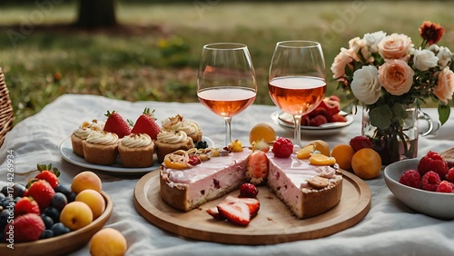 Romantic picnic with fruit tart, cupcakes and glasses of rosé wine on blanket outdoors