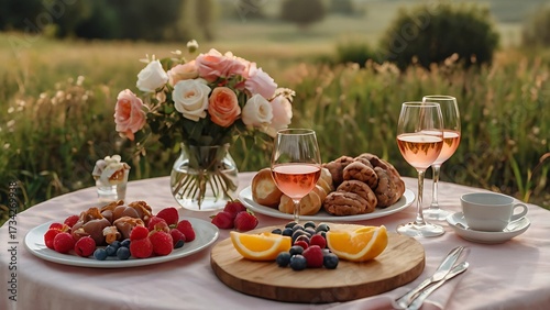 Summer picnic with cheesecake, cupcakes, fresh fruits and rosé wine outdoors
