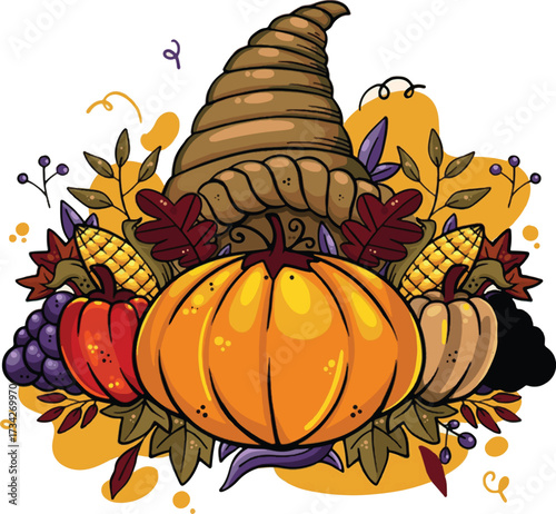 Harvest cornucopia with pumpkin gourd grapes and corn celebrating abundance and autumn