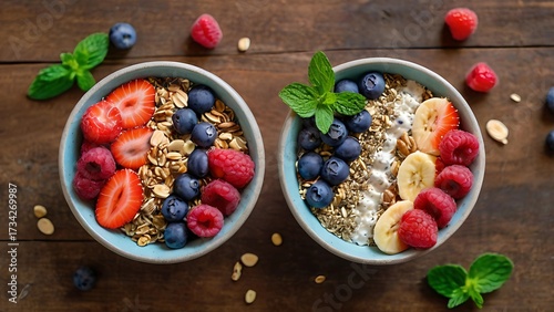 Healthy breakfast with muesli, yogurt and assorted fresh fruits in bowls