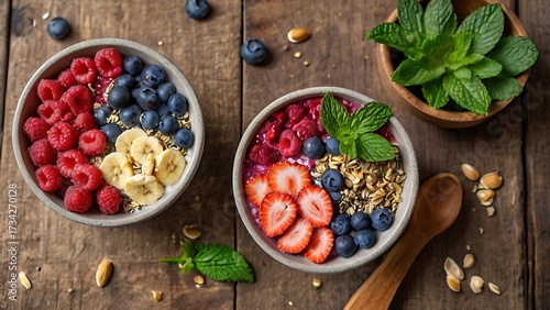 Rustic food photography of granola bowls topped with blueberries, raspberries and strawberries